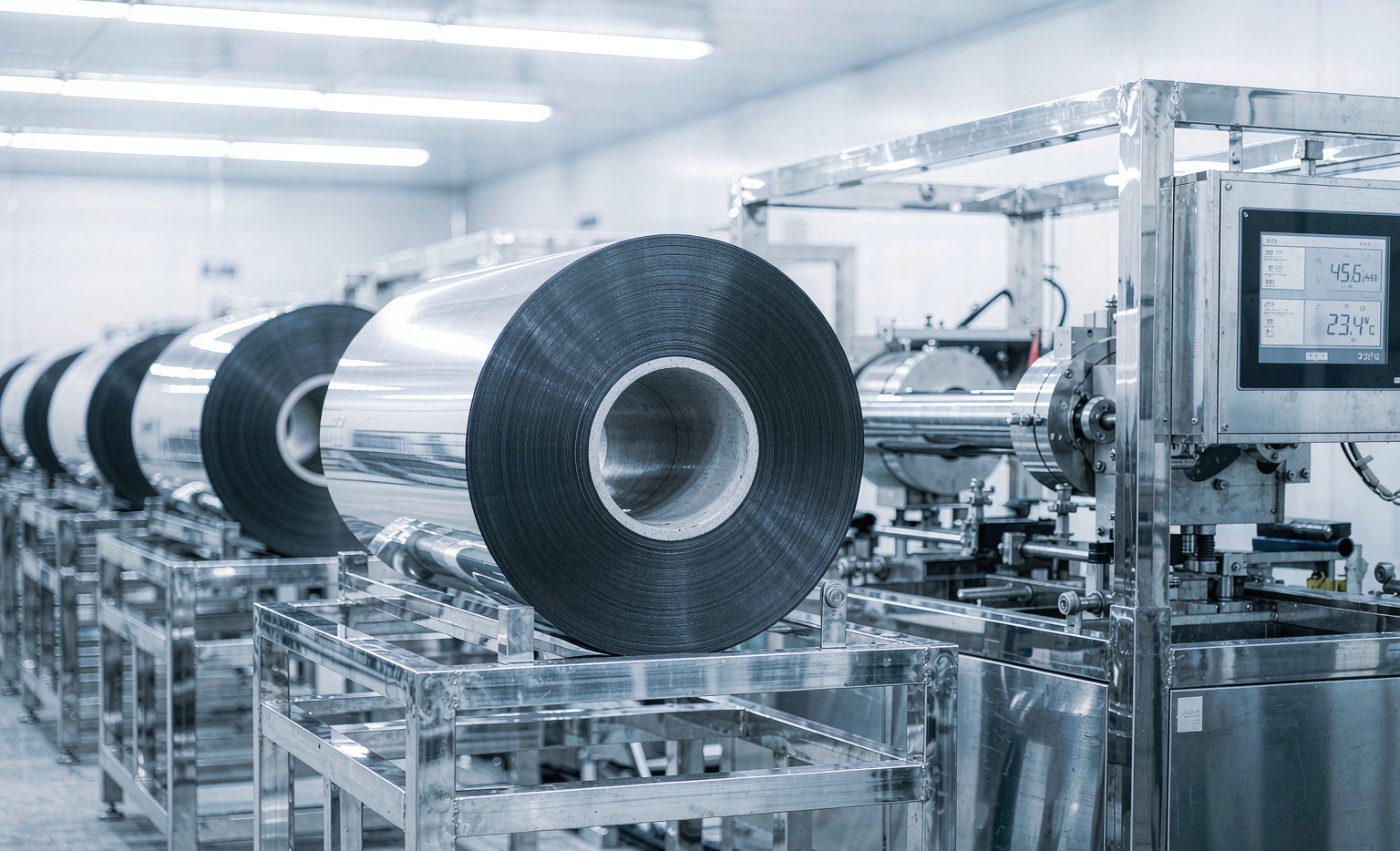 Lithium-ion battery electrode rolls on a production line in a controlled low-humidity environment