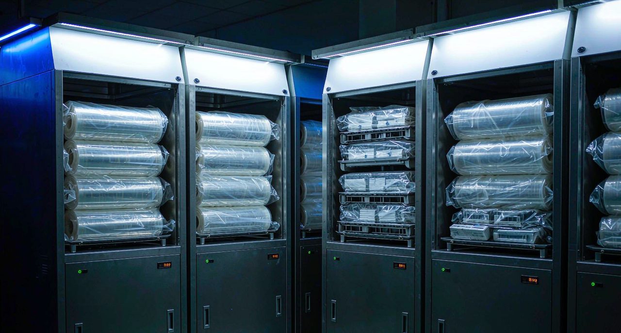 EVA Film Dry Storage Cabinet EVA encapsulant film rolls stored in humidity-controlled dry cabinets for photovoltaic module manufacturing