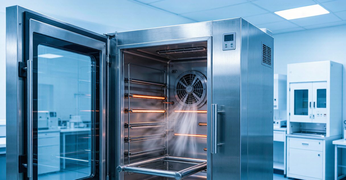 Industrial stainless steel clean oven chamber with heating elements and fan in a laboratory cleanroom