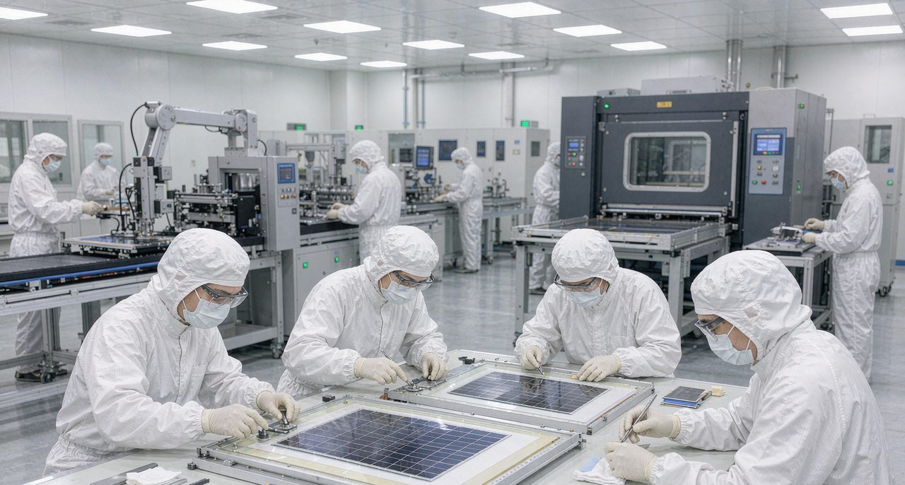 Photovoltaic module manufacturing cleanroom with automated stringing and lamination equipment