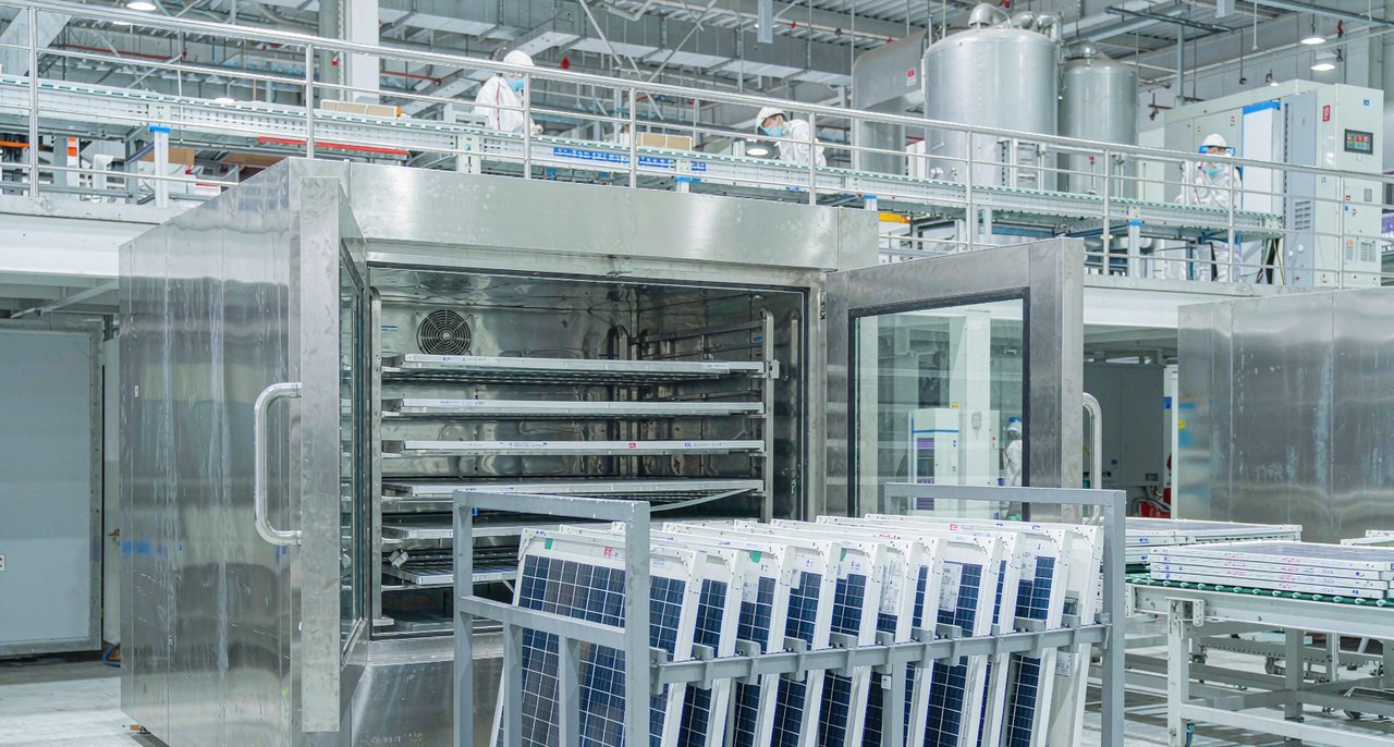PV Module Curing Oven Industrial curing oven used in photovoltaic module manufacturing for frame adhesive curing