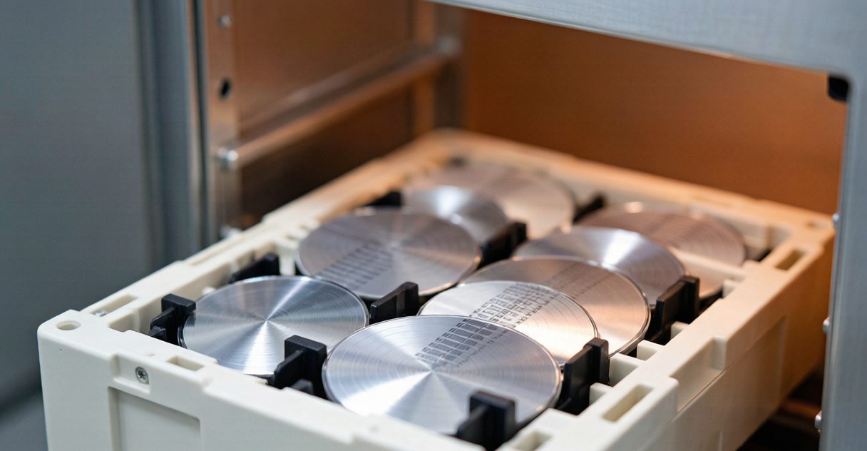 Silicon wafers and packaged devices in an industrial heating oven during an MSD baking profile