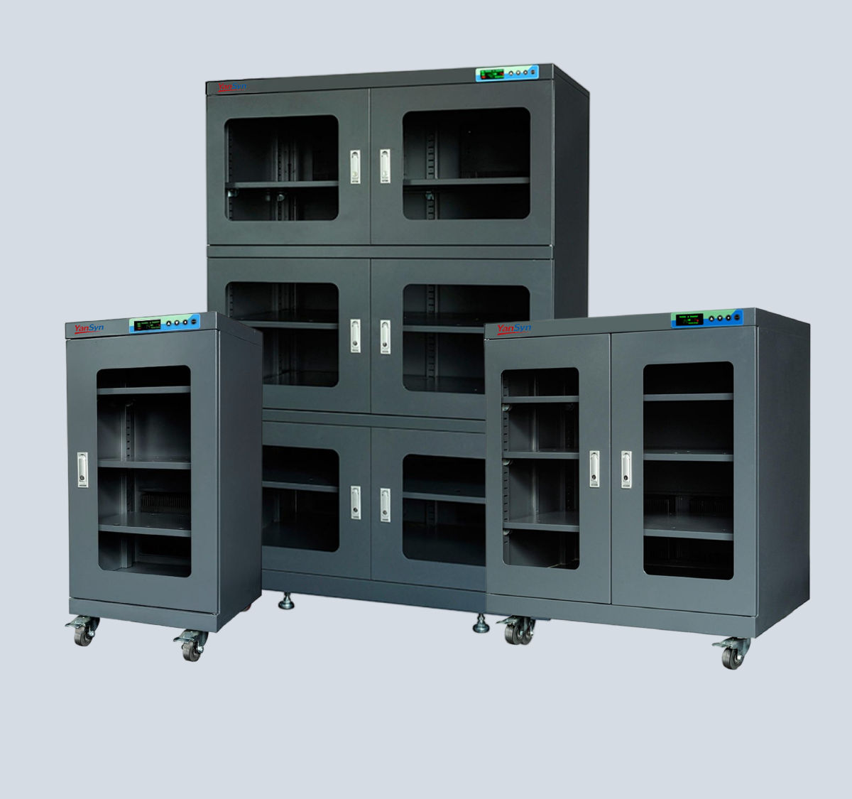 YanSyn YSM series intelligent moisture-proof cabinets product display - dual dehumidification, energy saving, anti-static, durable, silent, mold-proof