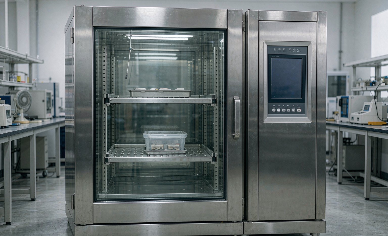 Constant temperature and humidity environmental test chamber with glass door and digital control panel in a laboratory