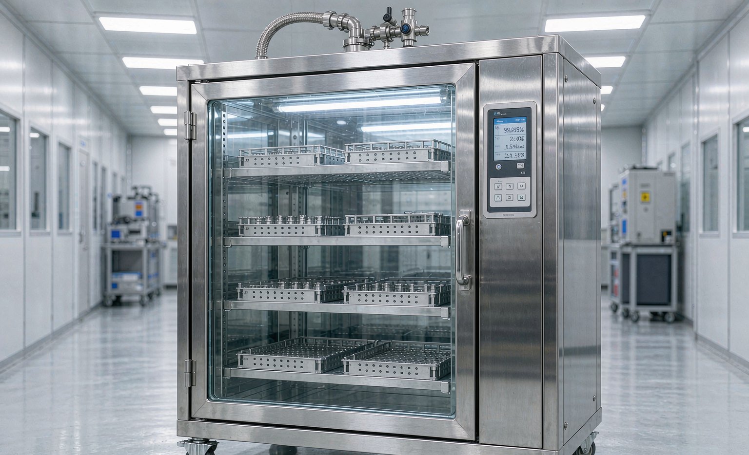 Nitrogen purge storage cabinet with digital control panel installed in a semiconductor cleanroom corridor