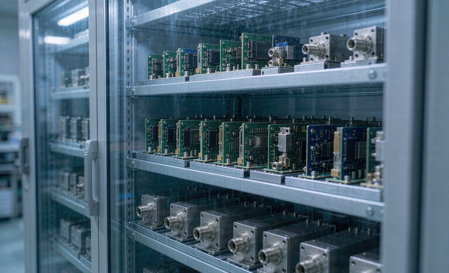 Telecom RF circuit board modules and base-station PCB assemblies stored in a humidity-controlled dry cabinet