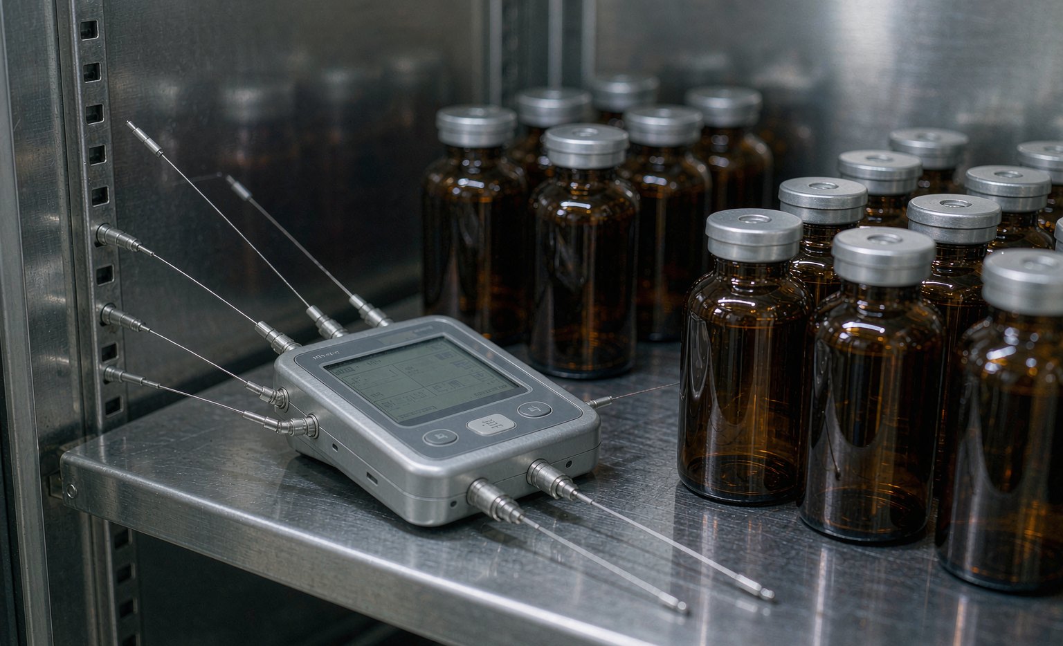 Calibrated data logger with temperature and humidity probes beside amber glass sample vials during mapping of a pharmaceutical stability chamber